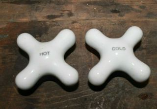 Vintage Pair Porcelain Brass Sink Tub Hot And Cold Water Faucet Handles Knobs