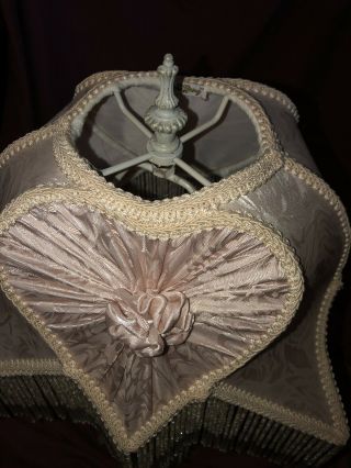 Dale Tiffany VTG Light Pink Fabric Victorian Heart Shade Beaded Fringe With Base 4