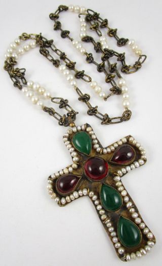 Gorgeous Byzantine Goossens Style Poured Glass Pearl Gilt Bronze Cross Necklace