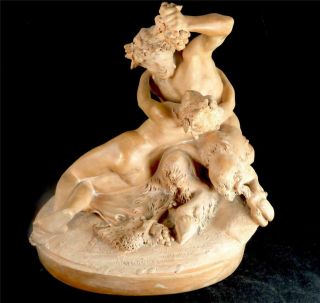 N951 Antique 19th Century French Terracotta Figure After Cloidion Satyr & Nymph