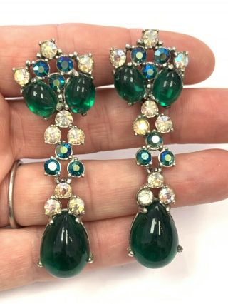 Vintage Elsa Schiaparelli Rhinestone And Poured Green Glass Chandelier Earrings