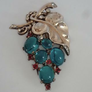 Vintage Trifari Sterling Silver Emerald Ruby Crystal Rhinestone Flower Brooch