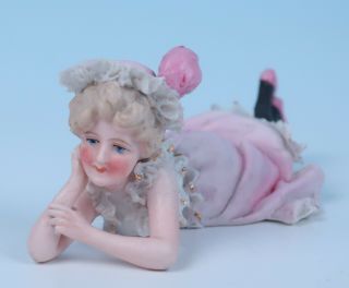 Antique German Porcelain Dresden Lace Figurine Lady Bathing Beauty Figure Pink