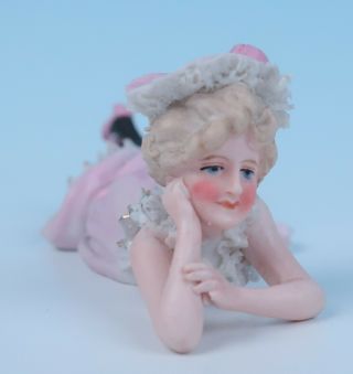 Antique German Porcelain Dresden Lace Figurine Lady Bathing Beauty Figure Pink 2