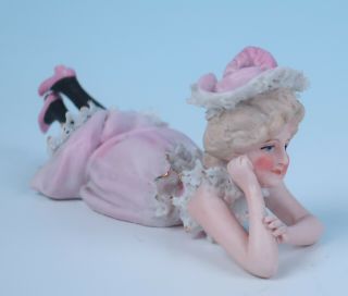 Antique German Porcelain Dresden Lace Figurine Lady Bathing Beauty Figure Pink 3