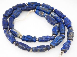 Ancient Collectible Rare Old Bactrian Lapis Lazuli Capsule Fluted Bead Strand