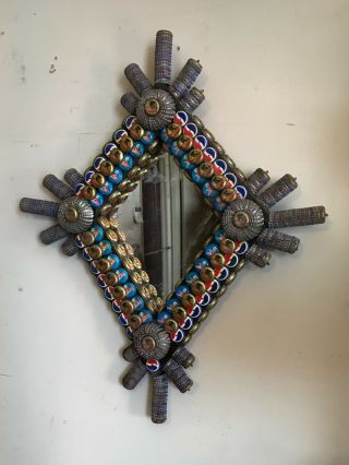 Vintage Folk Art Bottle Cap Diamond Frame Mirror