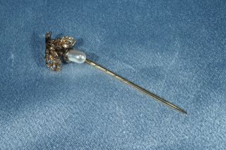 Antique 14k Gold Rose Cut Diamond Pearl Stick Pin / Tie Pin