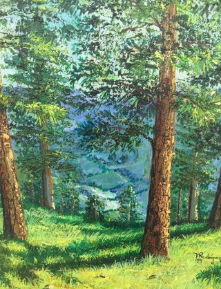 Vintage Thick oil Painting by M.  Rodriquez Forrest Trees Mountain ART Gold Frame 11