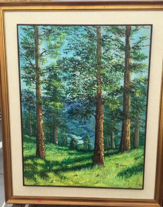 Vintage Thick Oil Painting By M.  Rodriquez Forrest Trees Mountain Art Gold Frame
