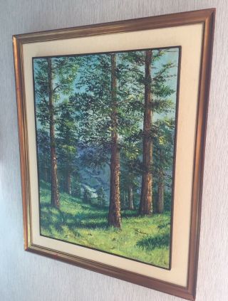 Vintage Thick oil Painting by M.  Rodriquez Forrest Trees Mountain ART Gold Frame 2