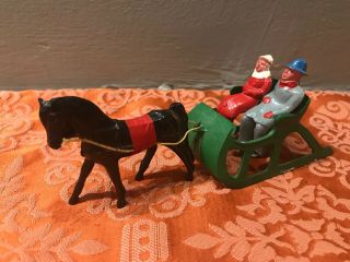 Vintage Cast Iron Metal Toy Horse And Sleigh Sled With 2 People