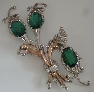 Vintage Marcel Boucher Sterling Silver Emerald Crystal Rhinestone Flower Brooch