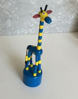 Vintage Kohner Products Blue Yellow Giraffe Collapsible Wooden Push Puppet