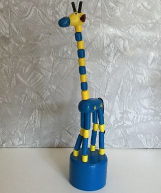 Vintage Kohner Products Blue yellow giraffe Collapsible Wooden Push Puppet 2