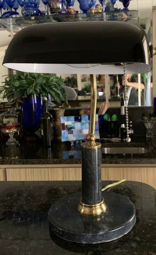 Vintage Bankers Lamp With Rare Black Glass Shade Marble Base Design 14 "
