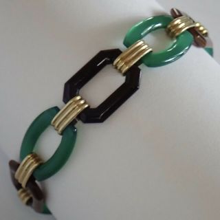 Antique Art Deco 14k Gold Carved Chrysoprase Onyx Chain Link Bracelet