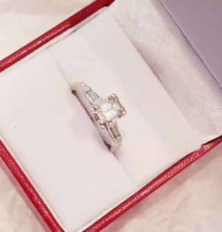 Vintage 14K White Gold.  60 Ct G/VS2 Emerald Cut Diamond Engagement Ring Size 6 10