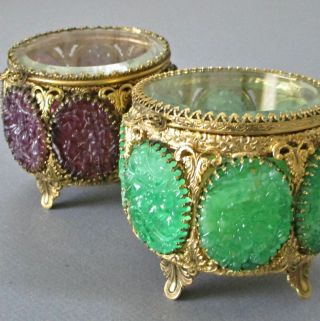 2 Vintage Stylebuilt Gilt Ormolu Jewlery Trinket Caskets Purple,  Green Cameos