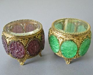2 Vintage STYLEBUILT Gilt Ormolu JEWLERY Trinket CASKETS Purple,  Green CAMEOS 2