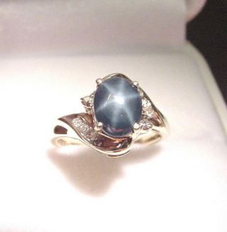 Rich Blue Star Sapphire 1.  35 Cts With.  10 Tcw Diamond 10k Gold Ring
