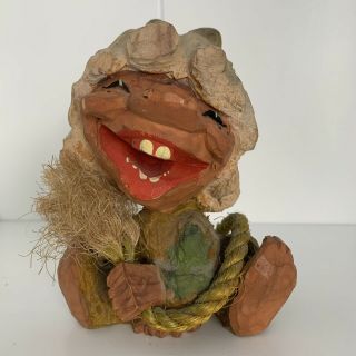 Henning Folk Art Norway Hand Carved Wood Happy Grinning Troll W/ Rope Tail