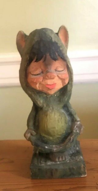 Vintage Henning Norway Hand Carved Troll Girl Carving Green Smiling