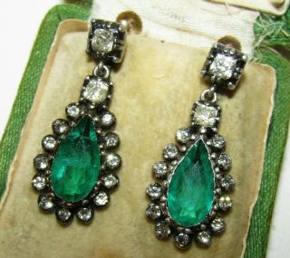 Exquisite,  Antique Georgian 9ct Gold Earrings With Old Cut Emerald & Clear Paste