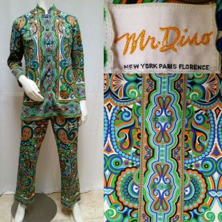 2 Piece Vintage 60s Mr.  Dino Signed Mod Psychedelic Top & Pant Set - Size S