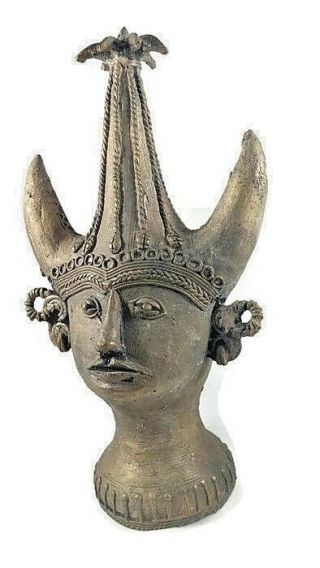 Odd Vintage Statue Ancient God Goddess Head Metal 3 Horns 8 Inch Vintage Weird