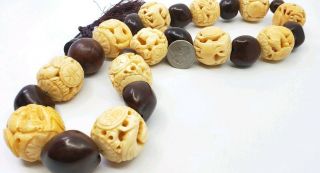 Rare Vintage Chinese Zodiac Carved Bovine Bone Beads Necklace Complete 12 Huge