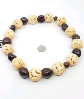 Rare Vintage Chinese Zodiac Carved Bovine Bone Beads Necklace Complete 12 Huge 2