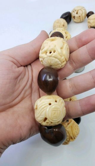 Rare Vintage Chinese Zodiac Carved Bovine Bone Beads Necklace Complete 12 Huge 5