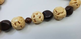 Rare Vintage Chinese Zodiac Carved Bovine Bone Beads Necklace Complete 12 Huge 6