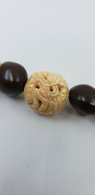 Rare Vintage Chinese Zodiac Carved Bovine Bone Beads Necklace Complete 12 Huge 7