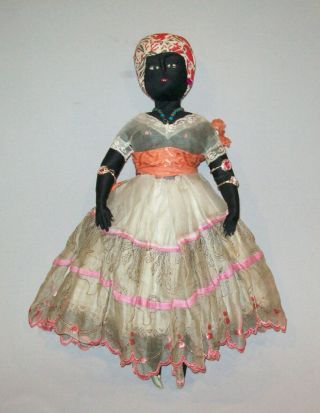Antique Vtg 1920s Folk Art Hand Made Black Sateen Cloth 19 " Doll Dress