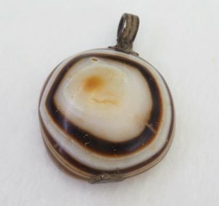 Ancient Agate Bead Goat Eye Large Banded Bronze Pendant