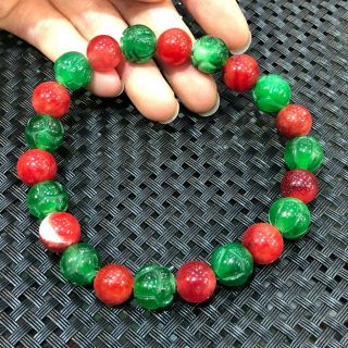Rare Chinese Natural Red & Green Jadeite Jade Lotus Bud Beads Handwork Bracelet