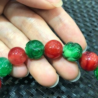 Rare Chinese Natural Red & Green Jadeite Jade Lotus Bud Beads Handwork Bracelet 2