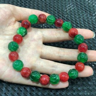 Rare Chinese Natural Red & Green Jadeite Jade Lotus Bud Beads Handwork Bracelet 4