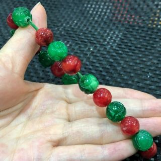 Rare Chinese Natural Red & Green Jadeite Jade Lotus Bud Beads Handwork Bracelet 5