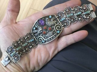 Wow Old Matl Style Amethyst Coral & Turquoise Mexican Sterling Silver Bracelet