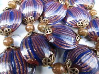 Vintage Venetian Aventurine Chevron Vaccari Filigree Glass Tab Beads Necklace
