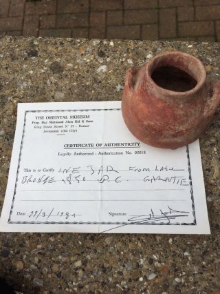 Ancient Pot From The Oriental Museum Jerusalem With Certificate Of Authenticity