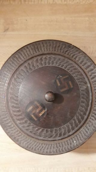 Antique Victorian Friendship Good Luck Swastika Wooden Bowl With Lid Signed 1914