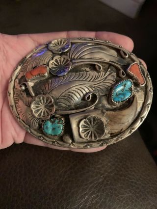 Vintage Navajo TURQUOISE & CORAL faux BEAR CLAW Silver Belt Buckle 2