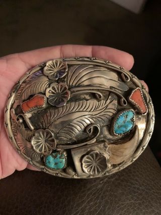 Vintage Navajo TURQUOISE & CORAL faux BEAR CLAW Silver Belt Buckle 3