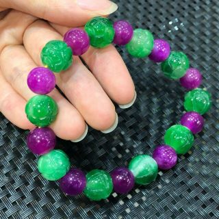 Chinese Rare Handwork Natural Purple & Green Jadeite Jade Lotus Beads Bracelet
