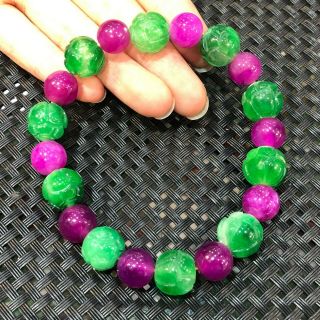 Chinese Rare Handwork Natural Purple & Green Jadeite Jade Lotus Beads Bracelet 2