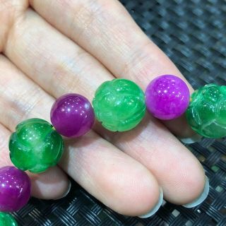 Chinese Rare Handwork Natural Purple & Green Jadeite Jade Lotus Beads Bracelet 3